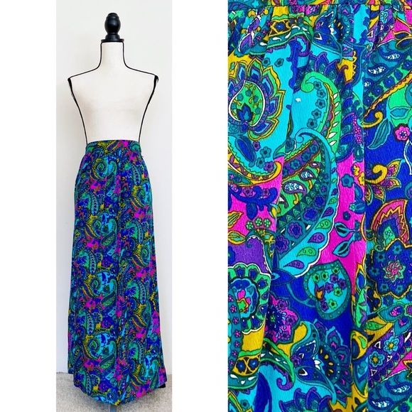 Vintage Dresses & Skirts - Vintage 70s Handmade Multicolored Paisley Maxi Skirt